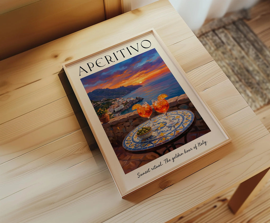 Aperitivo sunset wall art – Amalfi Coast cocktail golden hour Italian decor