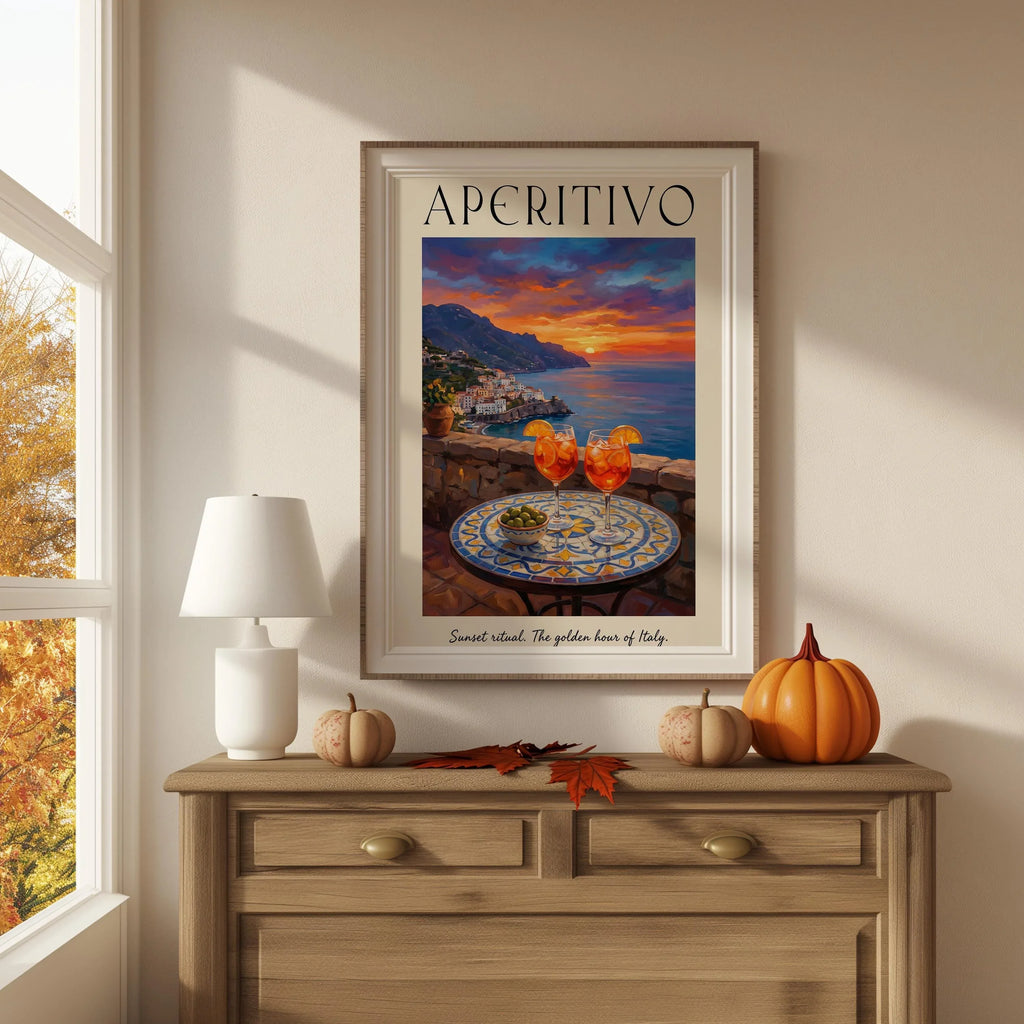 Aperitivo sunset wall art – Amalfi Coast cocktail golden hour Italian decor