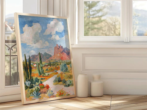 Arizona desert landscape wall art – red rock mountain wildflower cactus decor