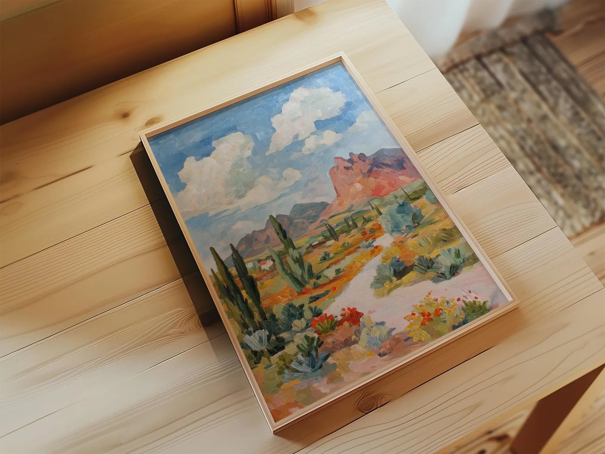 Arizona desert landscape wall art – red rock mountain wildflower cactus decor