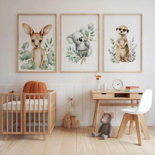 Australian animal wall art set of 3 – kangaroo koala meerkat nursery decor