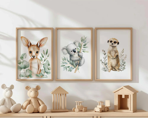 Australian animal wall art set of 3 – kangaroo koala meerkat nursery decor
