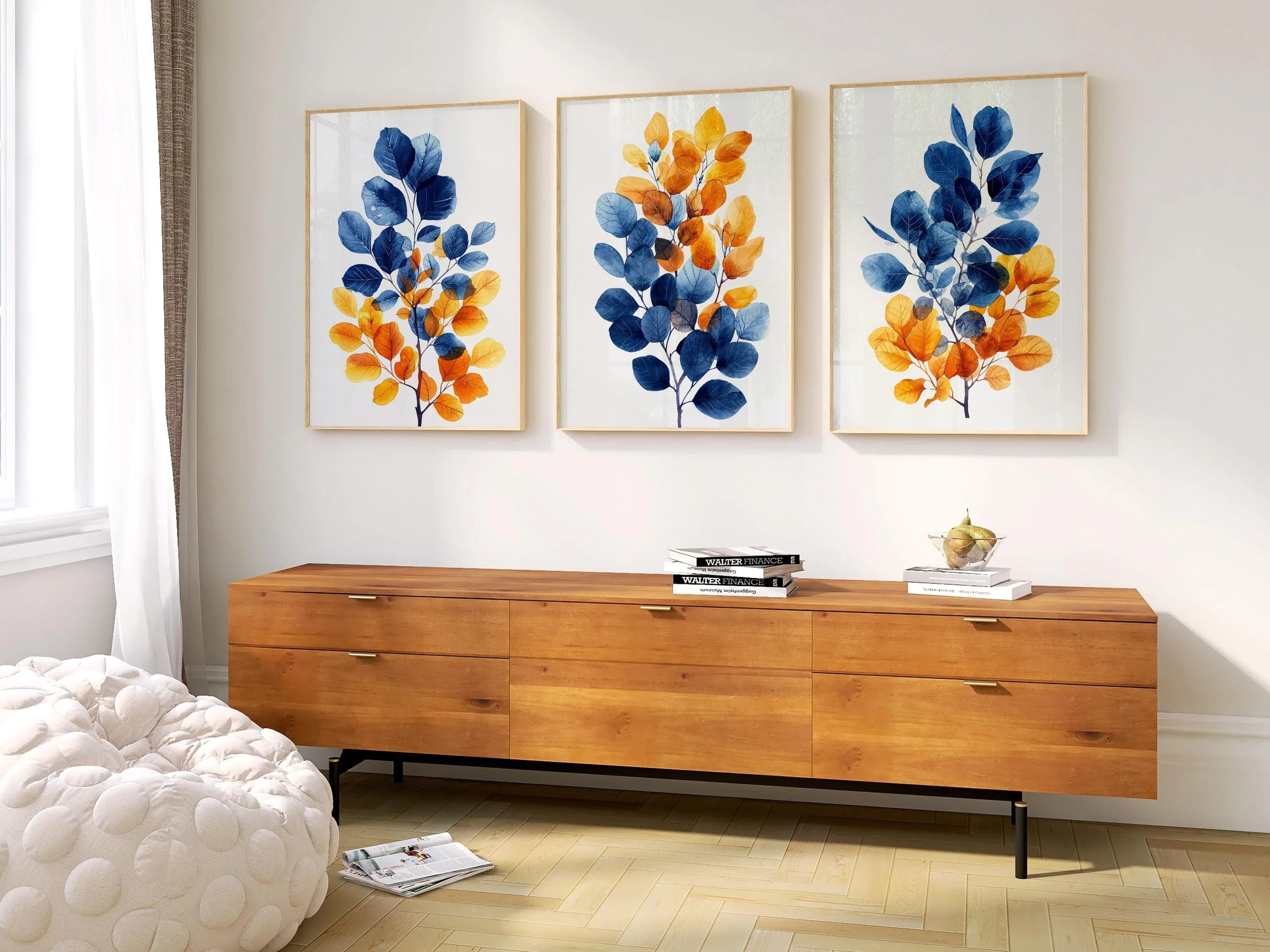 Autumnal hues leaf triptych wall art – blue and orange watercolour botanical