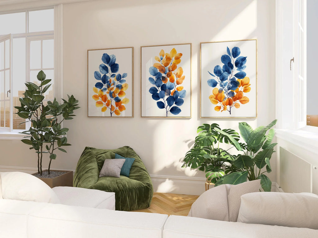 Autumnal hues leaf triptych wall art – blue and orange watercolour botanical