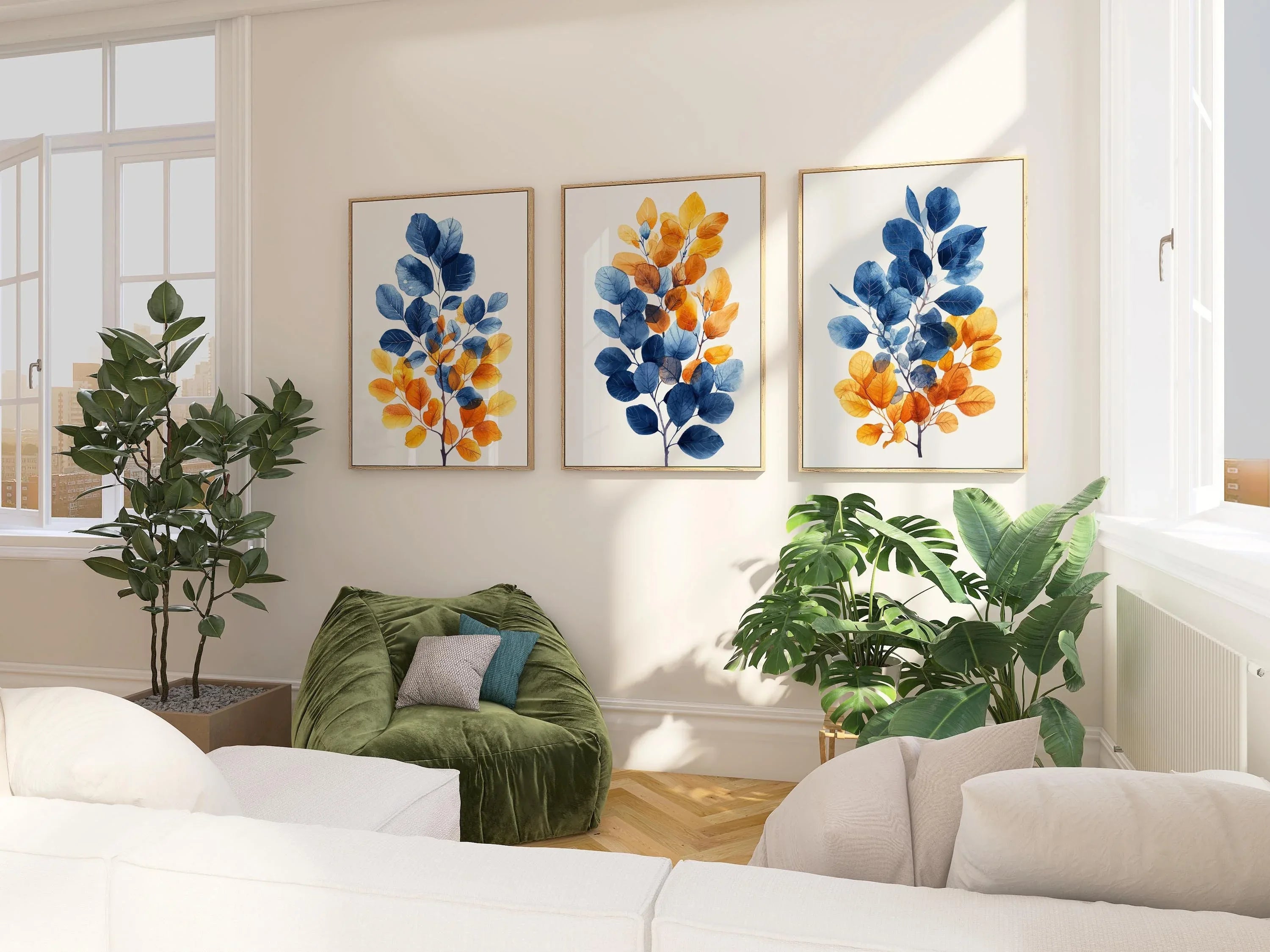 Autumnal hues leaf triptych wall art – blue and orange watercolour botanical