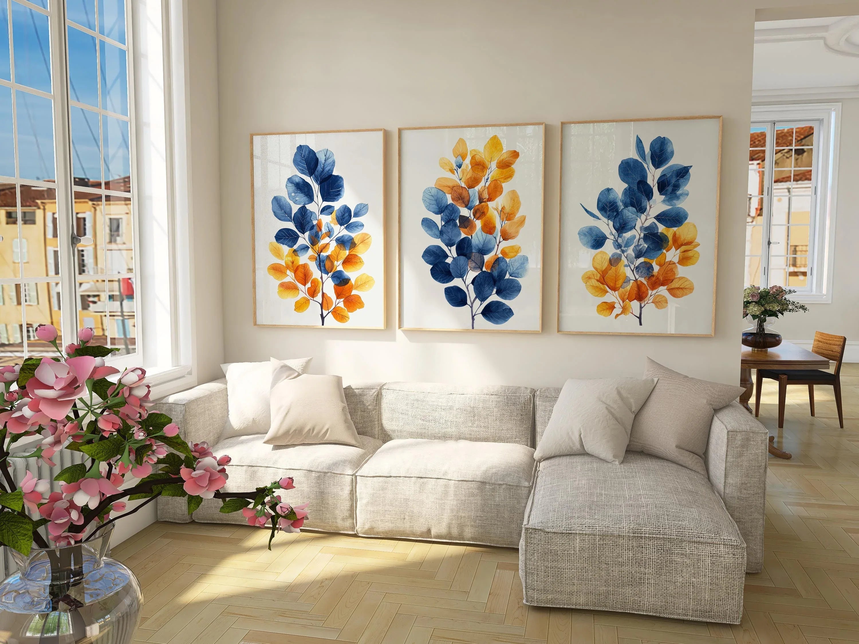 Autumnal hues leaf triptych wall art – blue and orange watercolour botanical