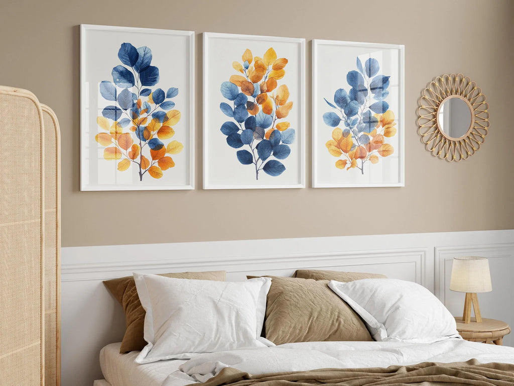 Autumnal hues leaf triptych wall art – blue and orange watercolour botanical