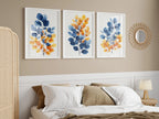 Autumnal hues leaf triptych wall art – blue and orange watercolour botanical