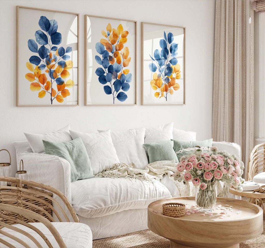 Autumnal hues leaf triptych wall art – blue and orange watercolour botanical