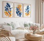 Autumnal hues leaf triptych wall art – blue and orange watercolour botanical