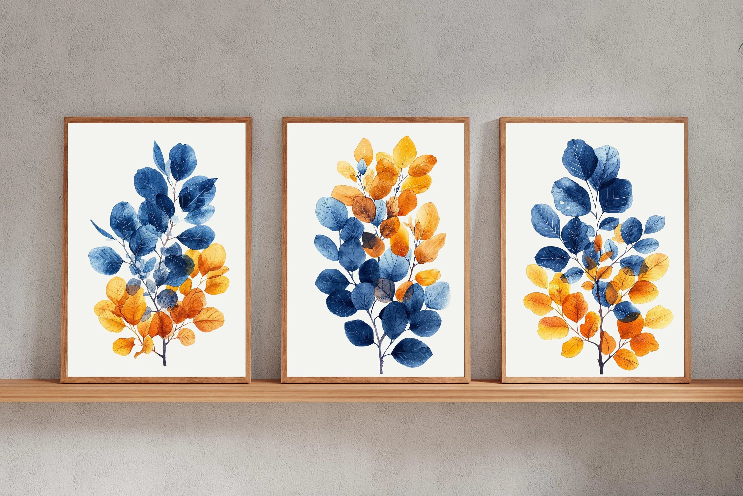 Autumnal hues leaf triptych wall art – blue and orange watercolour botanical