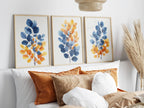 Autumnal hues leaf triptych wall art – blue and orange watercolour botanical