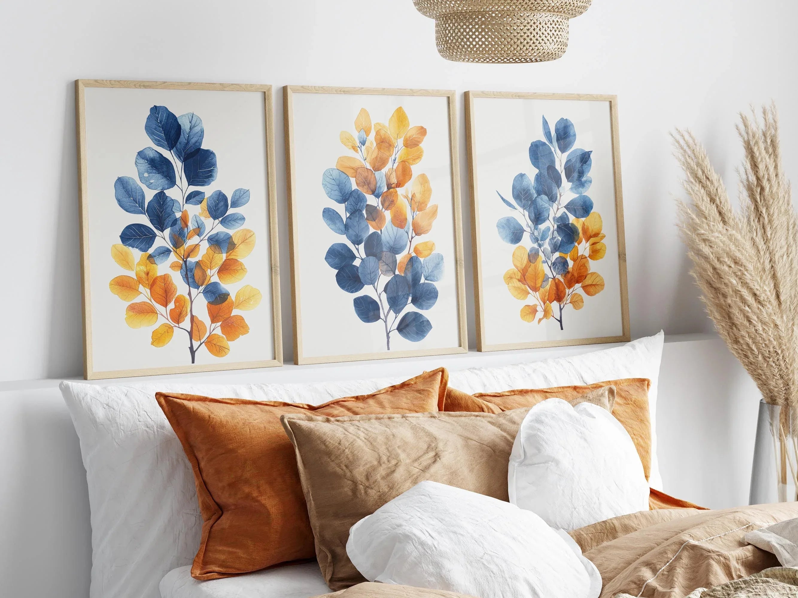 Autumnal hues leaf triptych wall art – blue and orange watercolour botanical