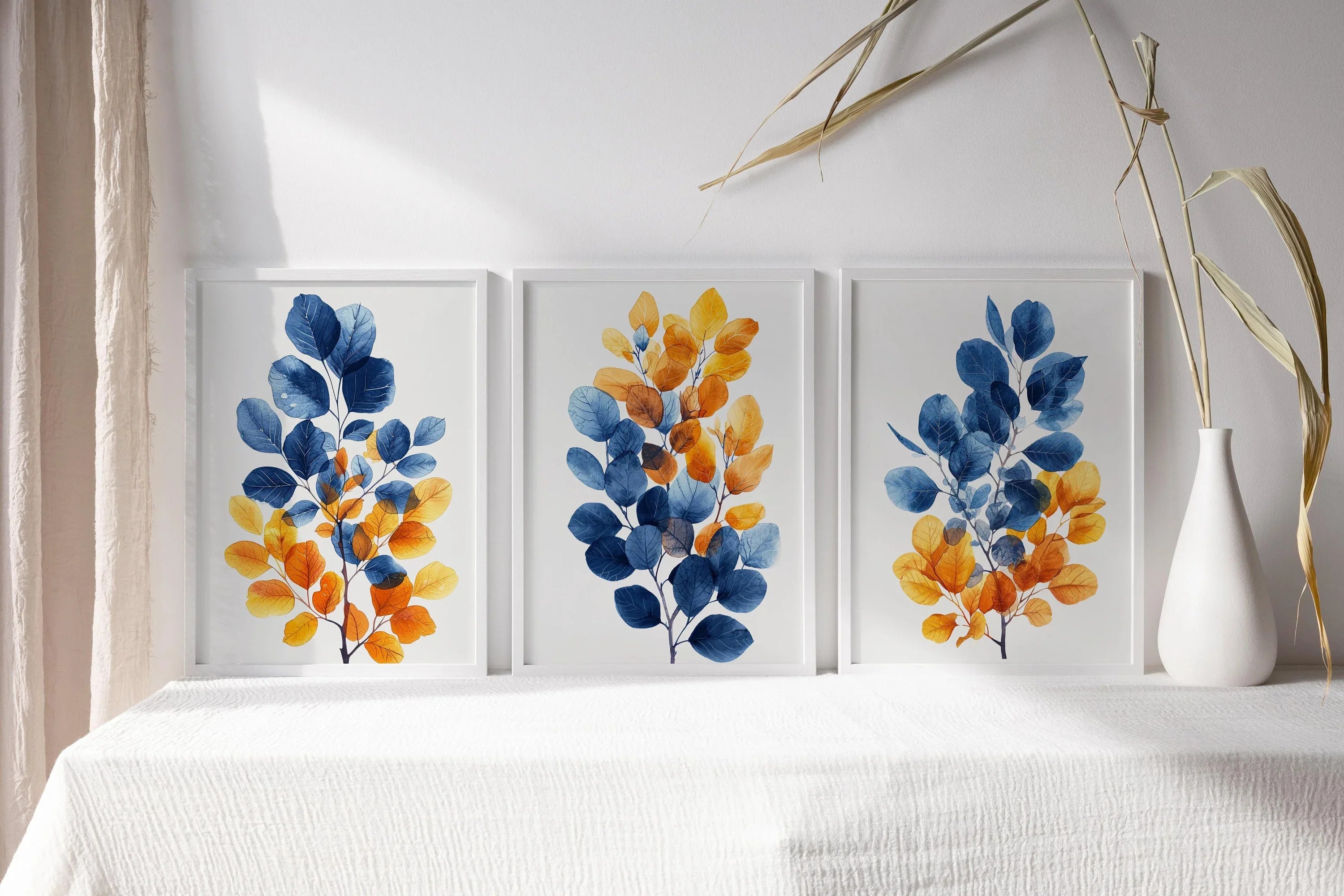 Autumnal hues leaf triptych wall art – blue and orange watercolour botanical