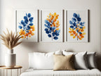 Autumnal hues leaf triptych wall art – blue and orange watercolour botanical