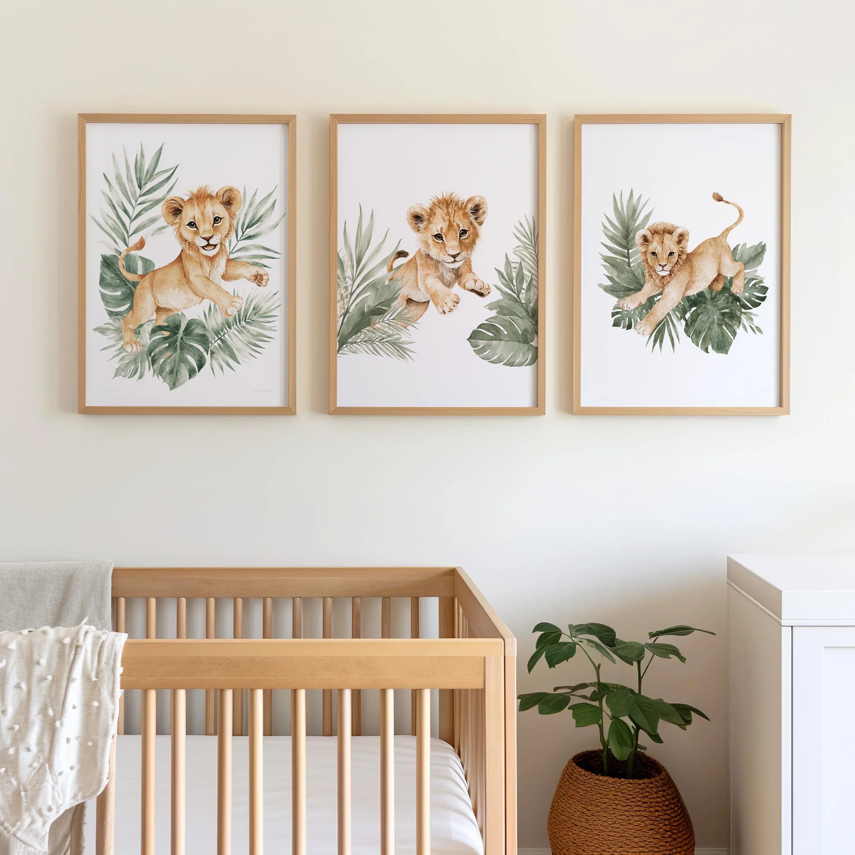 Baby lion cub nursery wall art set of 3 – safari jungle tropical boho decor