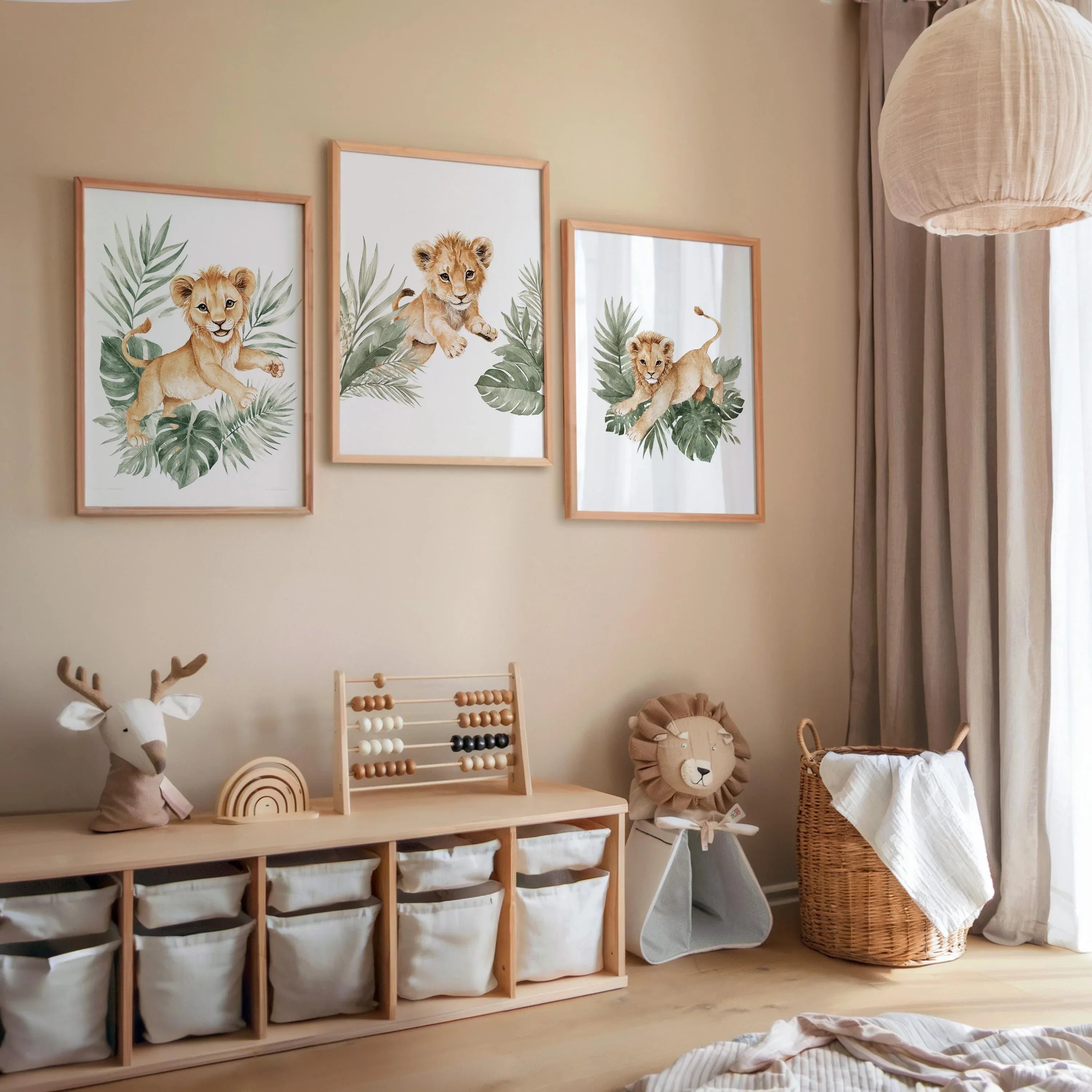 Baby lion cub nursery wall art set of 3 – safari jungle tropical boho decor