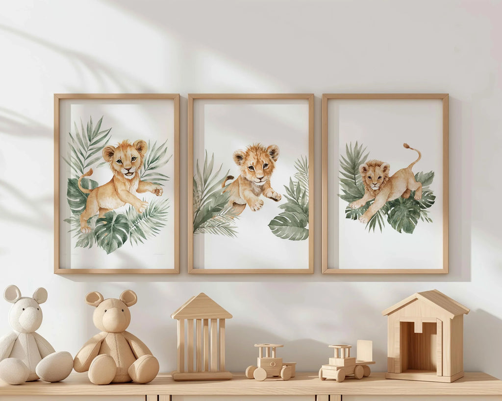 Baby lion cub nursery wall art set of 3 – safari jungle tropical boho decor
