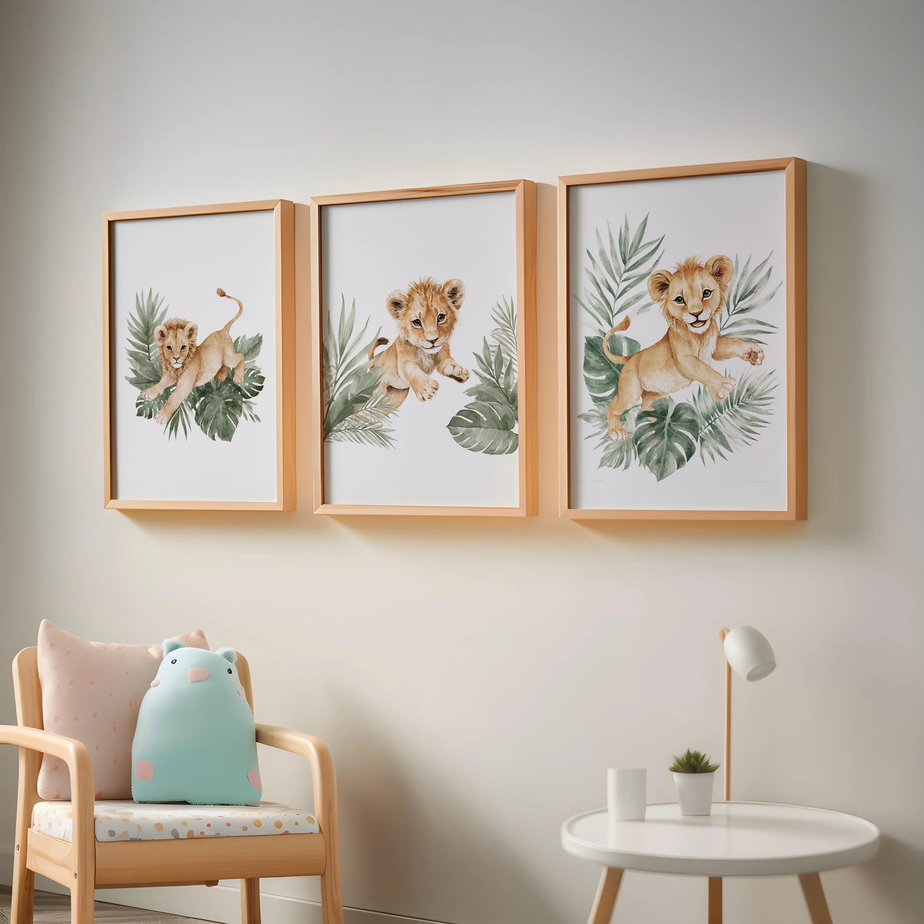 Baby lion cub nursery wall art set of 3 – safari jungle tropical boho decor