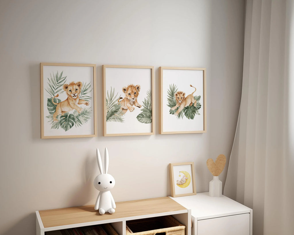 Baby lion cub nursery wall art set of 3 – safari jungle tropical boho decor