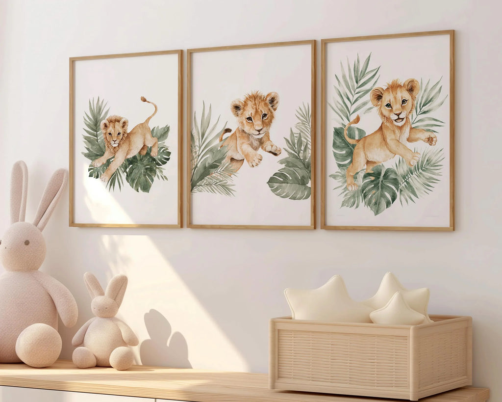 Baby lion cub nursery wall art set of 3 – safari jungle tropical boho decor