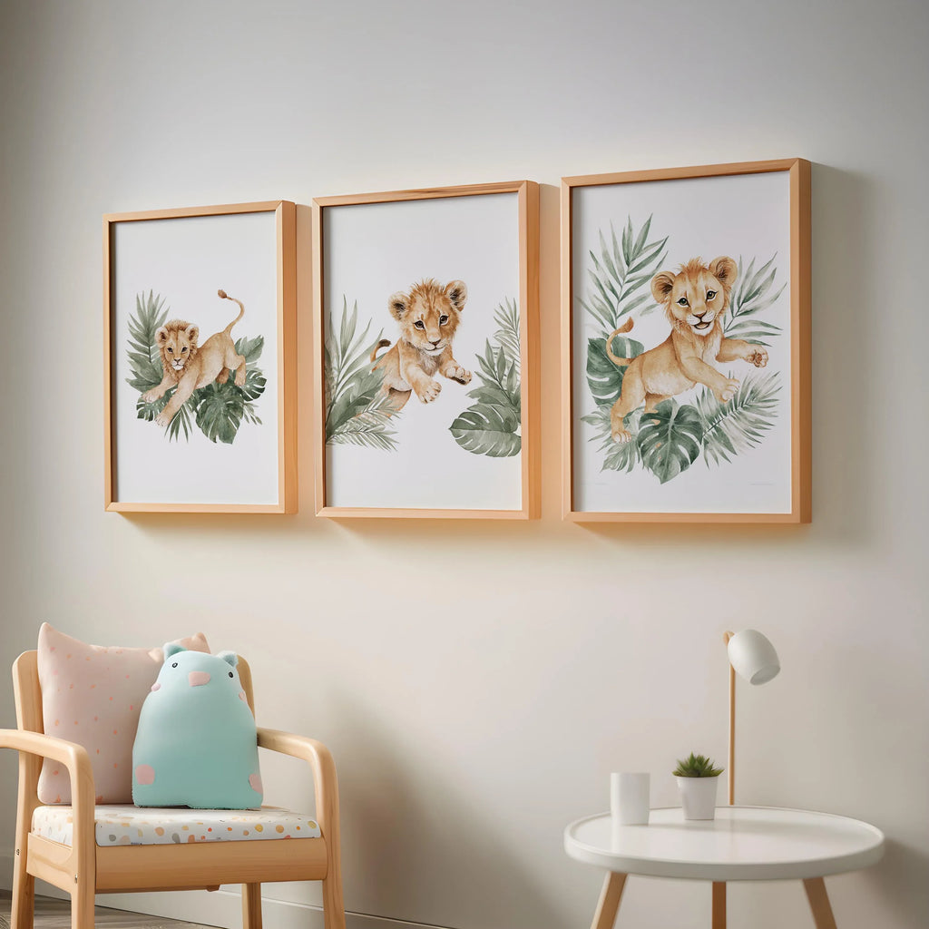 Baby lion cub nursery wall art set of 3 – safari jungle tropical boho decor