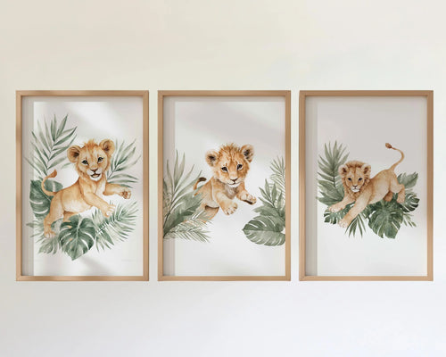 Baby lion cub nursery wall art set of 3 – safari jungle tropical boho decor