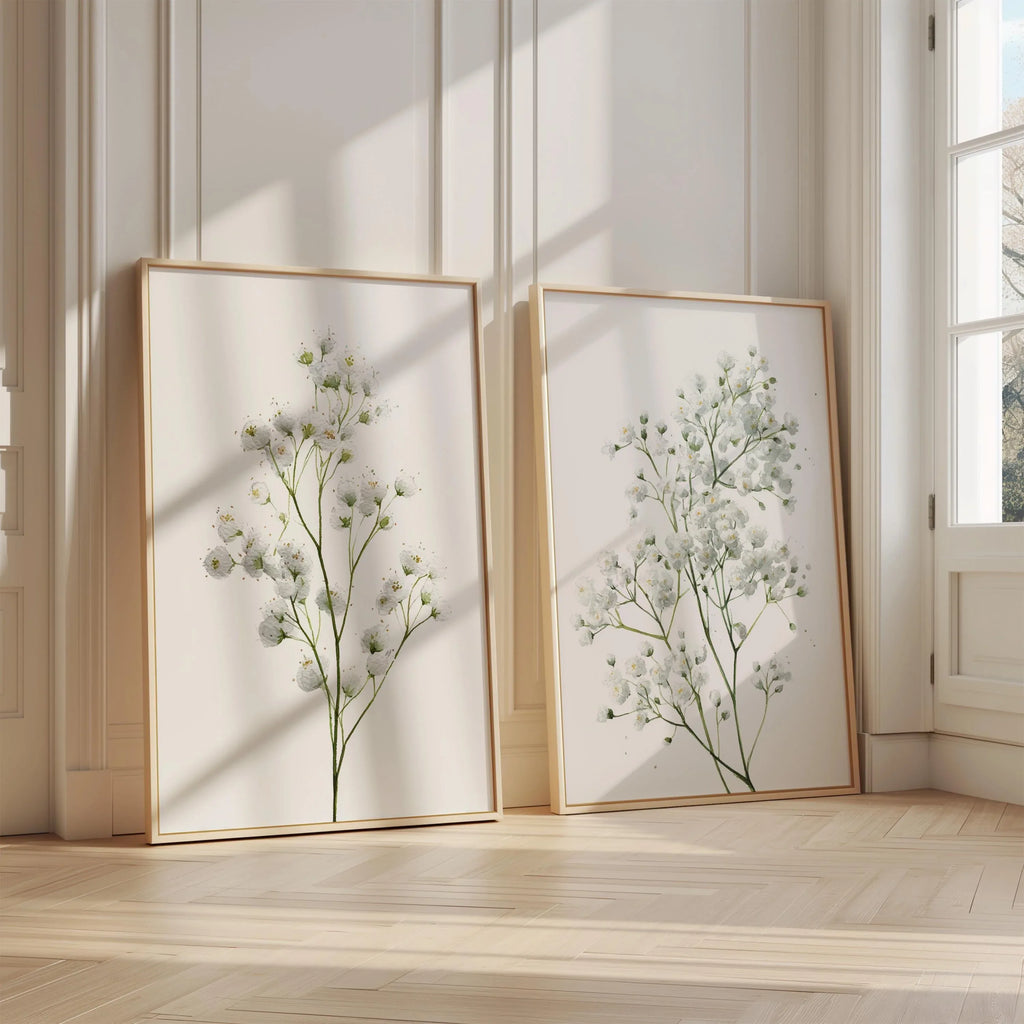 Baby's breath botanical wall art set of 2 – delicate gypsophila floral decor