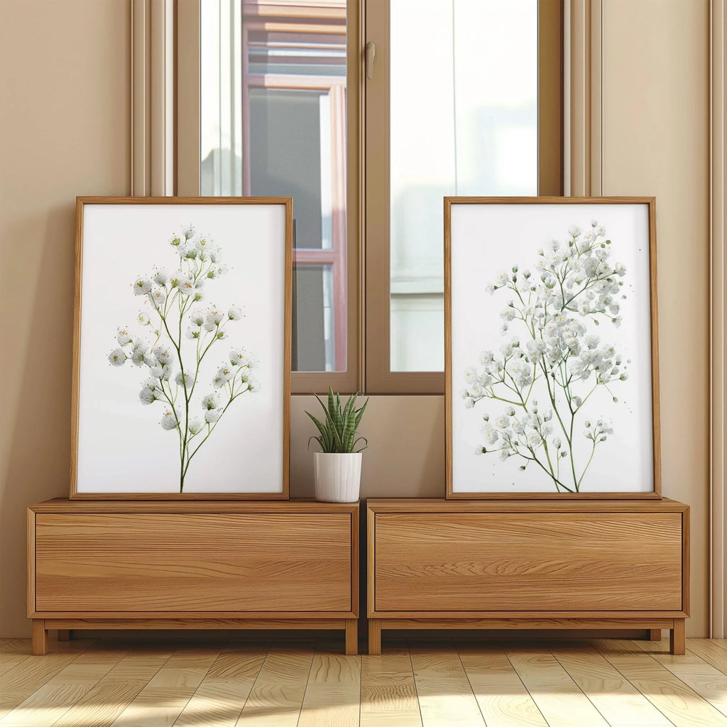 Baby's breath botanical wall art set of 2 – delicate gypsophila floral decor