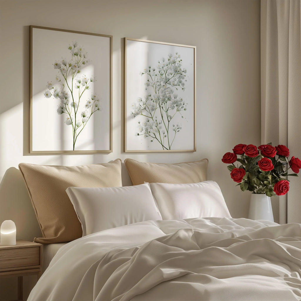Baby's breath botanical wall art set of 2 – delicate gypsophila floral decor