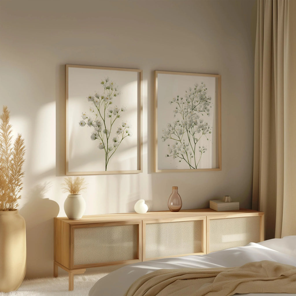 Baby's breath botanical wall art set of 2 – delicate gypsophila floral decor