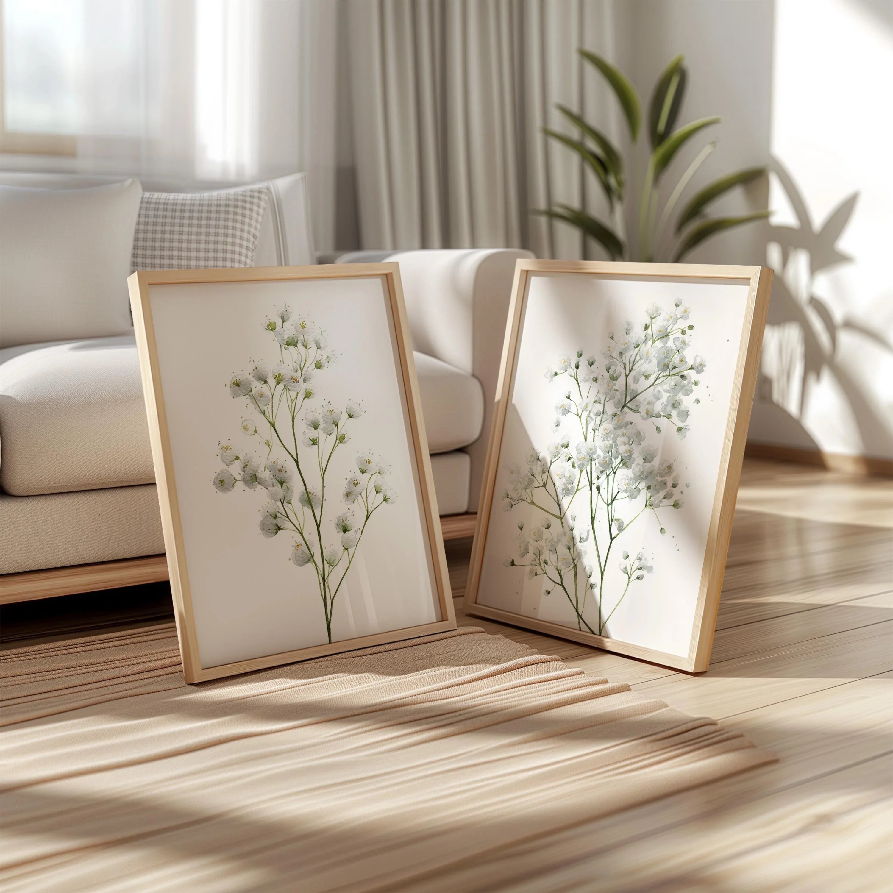Baby's breath botanical wall art set of 2 – delicate gypsophila floral decor