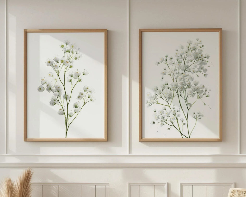 Baby's breath botanical wall art set of 2 – delicate gypsophila floral decor