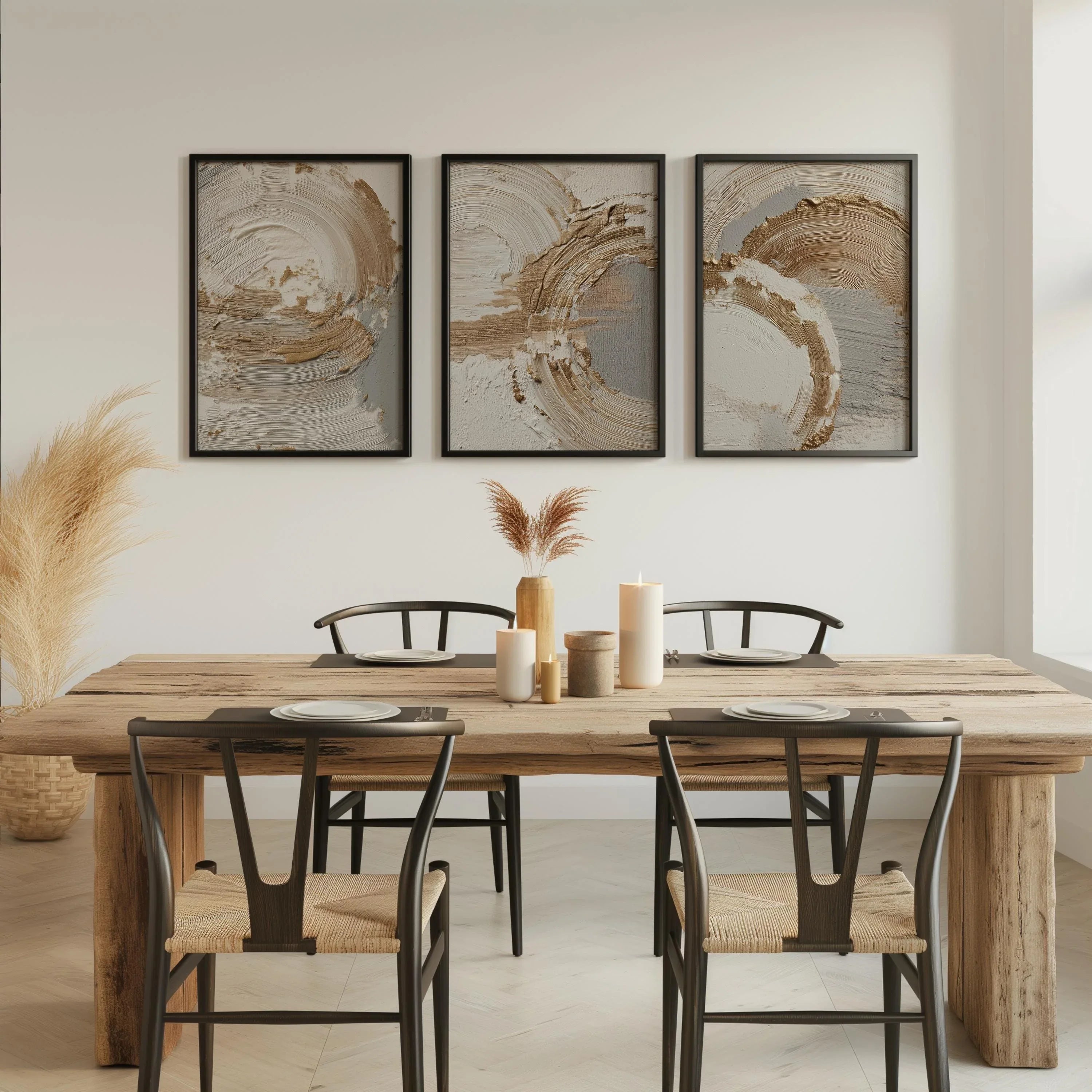 Beige gold abstract wall art set – brushstroke rings minimalist luxury decor