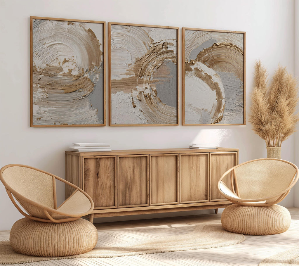 Beige gold abstract wall art set – brushstroke rings minimalist luxury decor