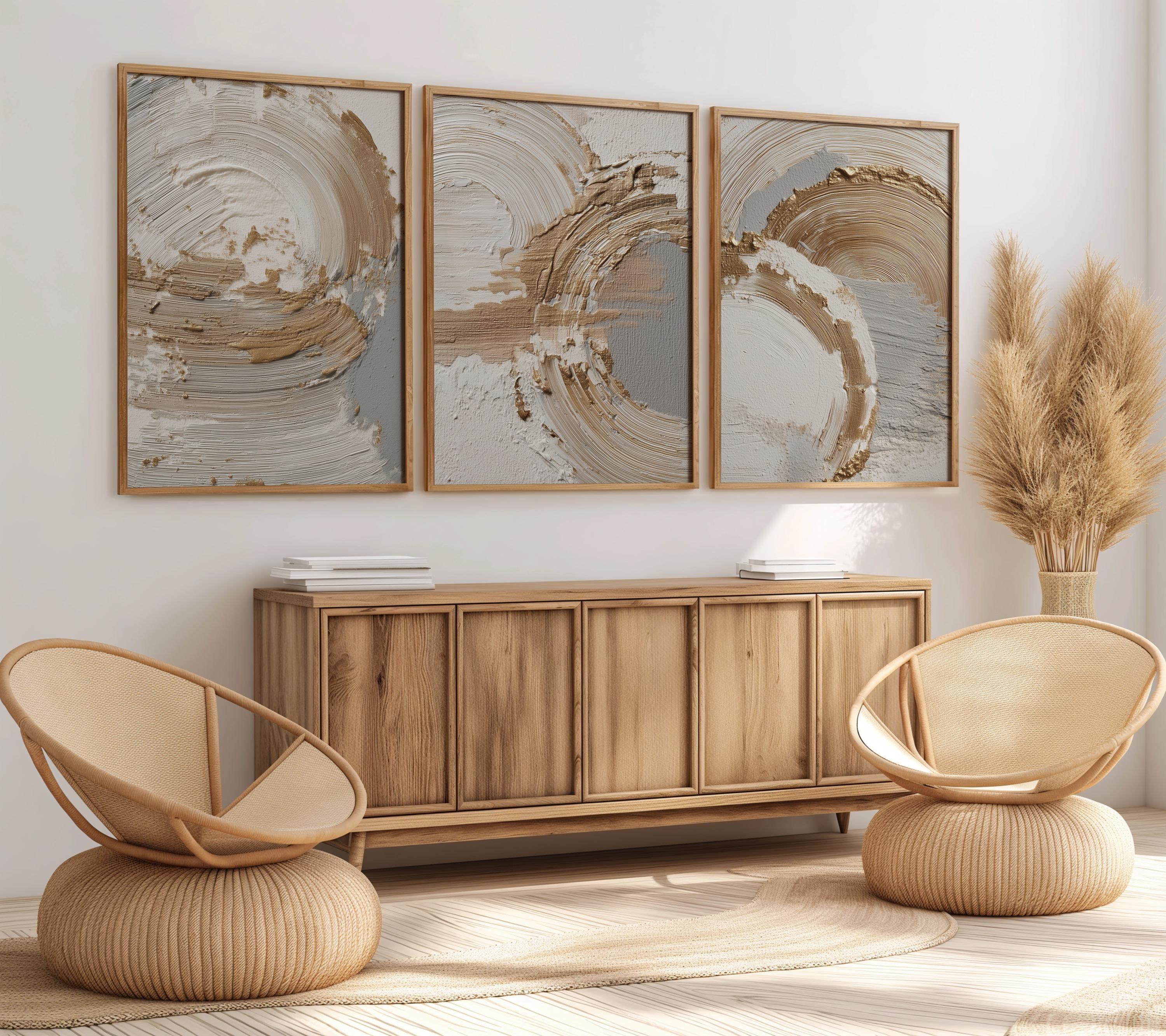 Beige gold abstract wall art set – brushstroke rings minimalist luxury decor