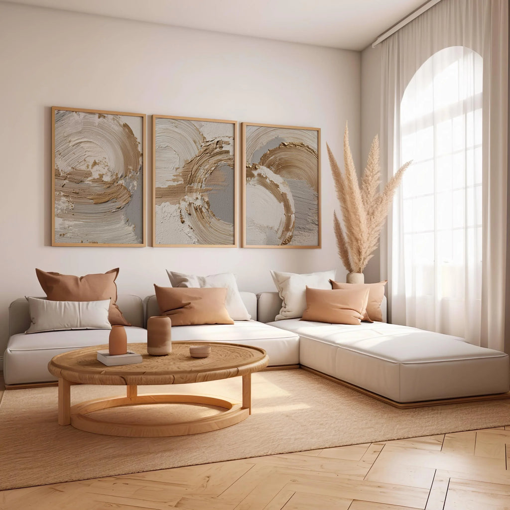 Beige gold abstract wall art set – brushstroke rings minimalist luxury decor