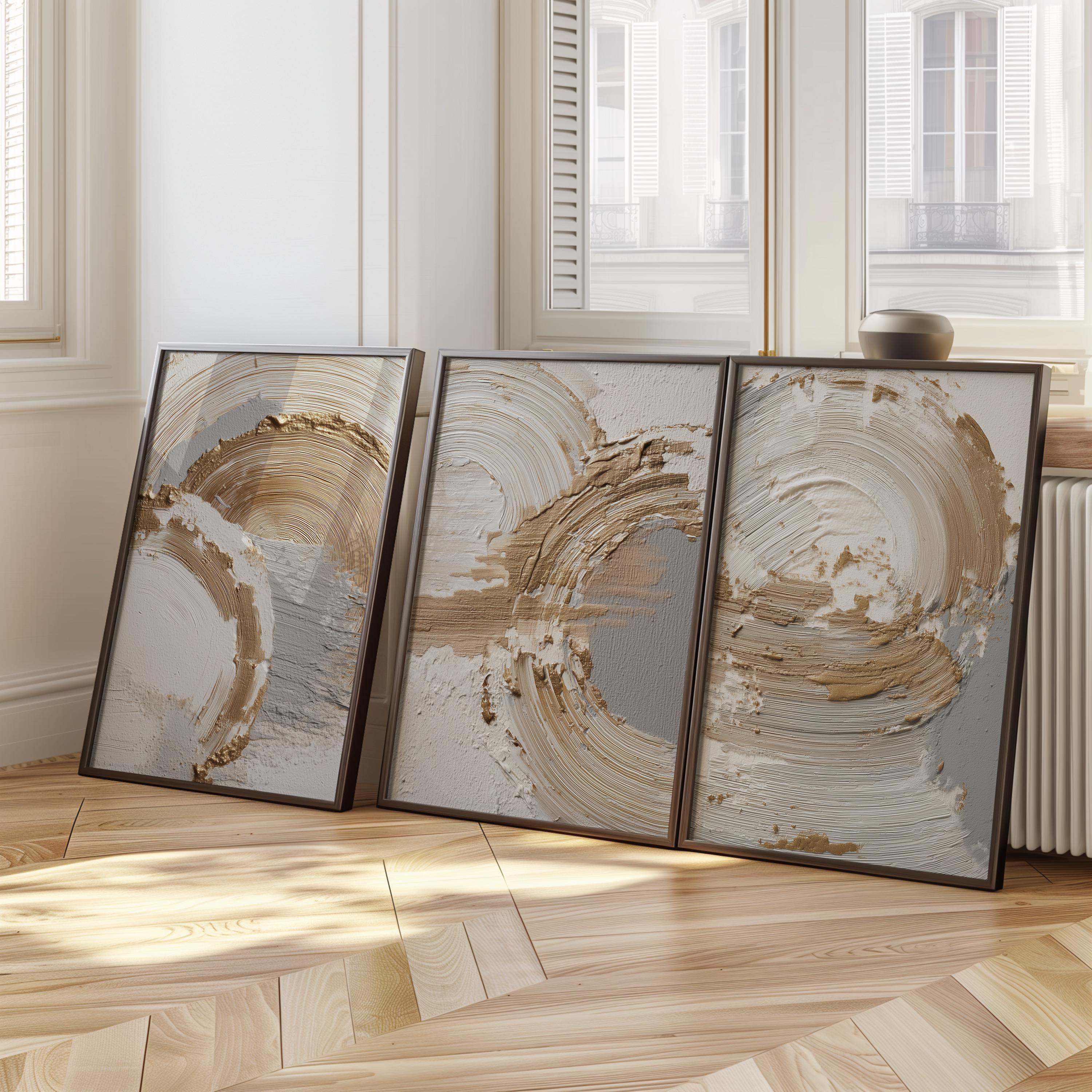 Beige gold abstract wall art set – brushstroke rings minimalist luxury decor
