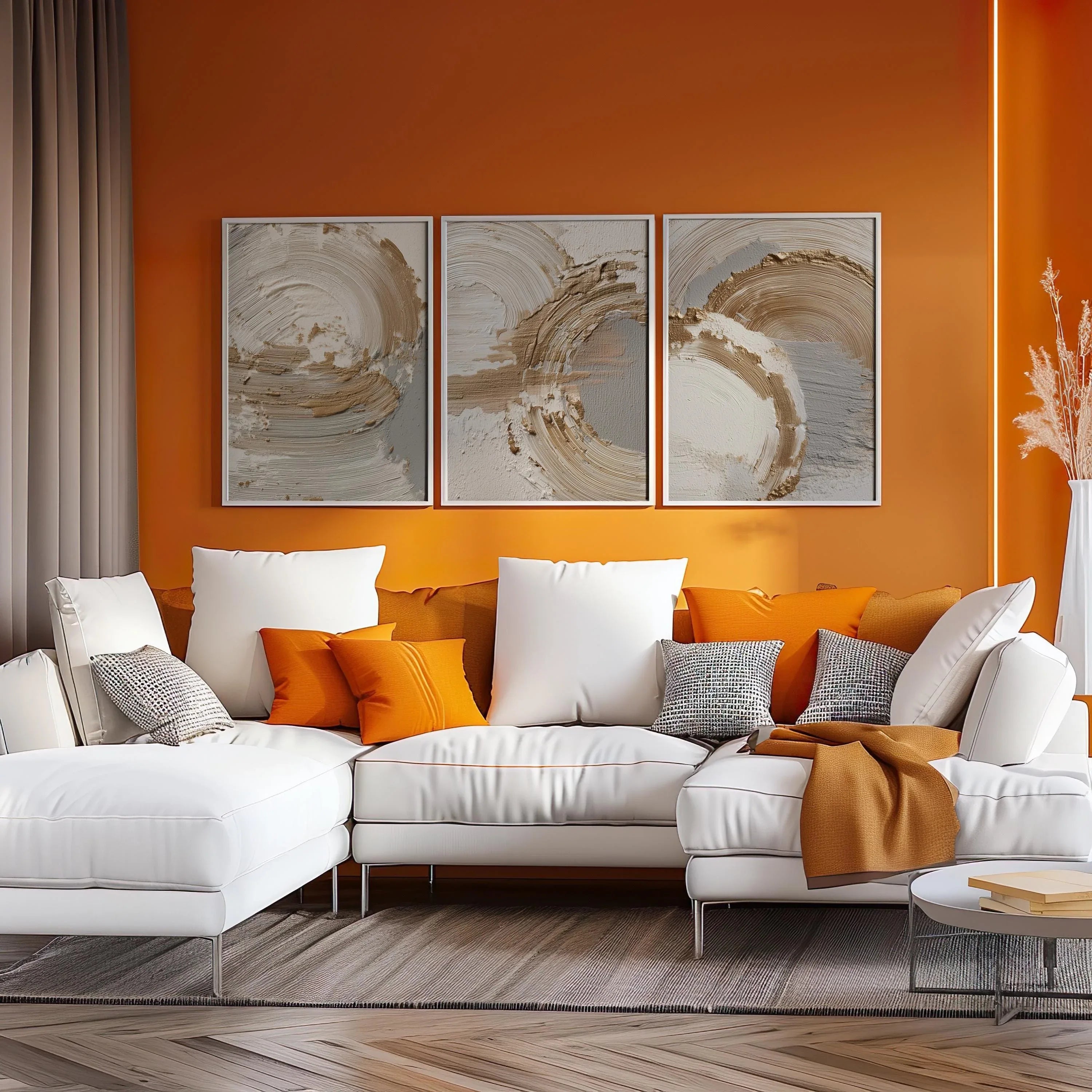 Beige gold abstract wall art set – brushstroke rings minimalist luxury decor