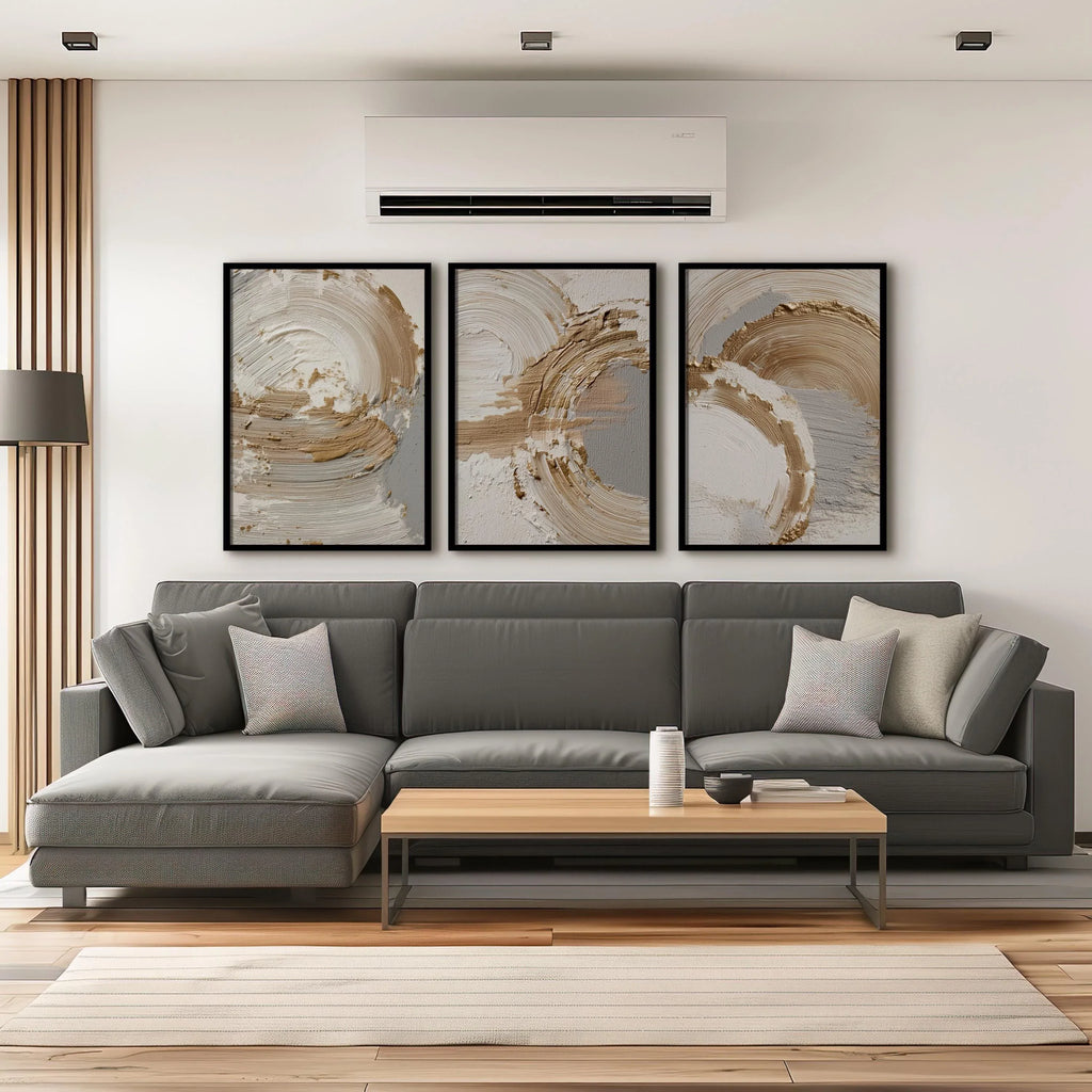 Beige gold abstract wall art set – brushstroke rings minimalist luxury decor