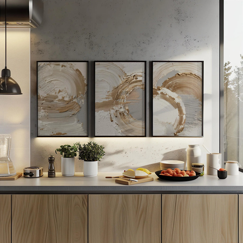 Beige gold abstract wall art set – brushstroke rings minimalist luxury decor