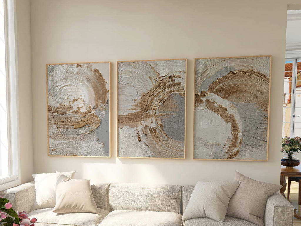 Beige gold abstract wall art set – brushstroke rings minimalist luxury decor