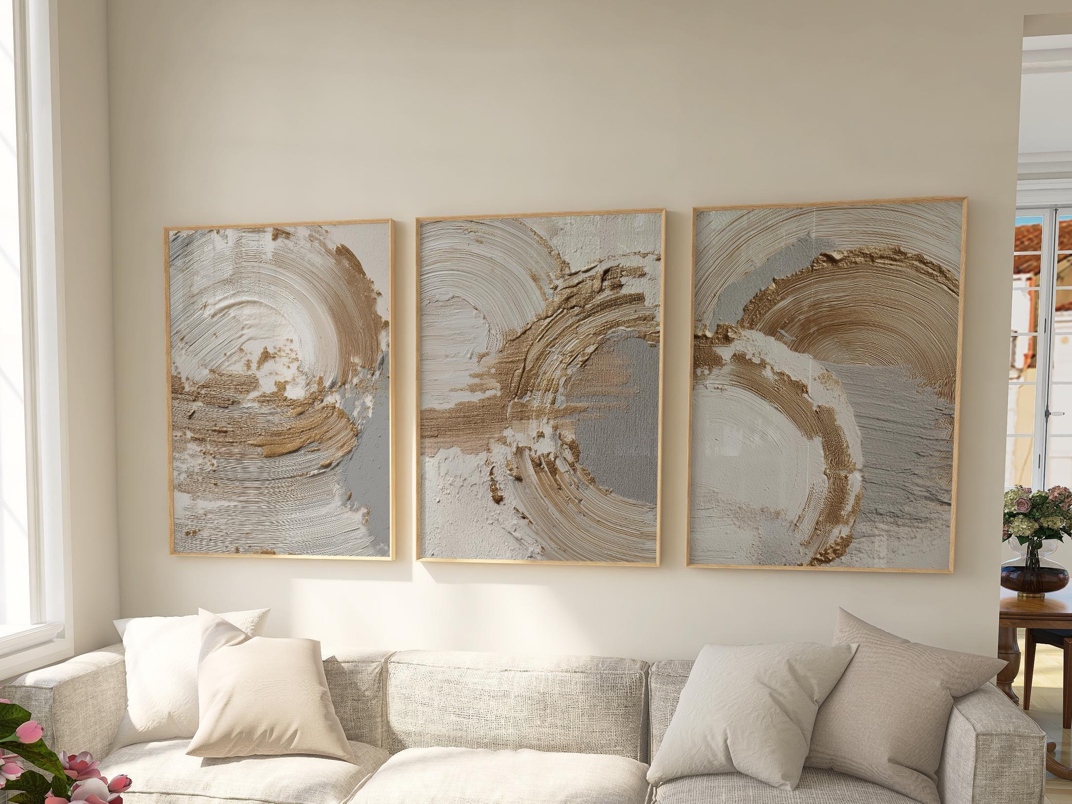Beige gold abstract wall art set – brushstroke rings minimalist luxury decor