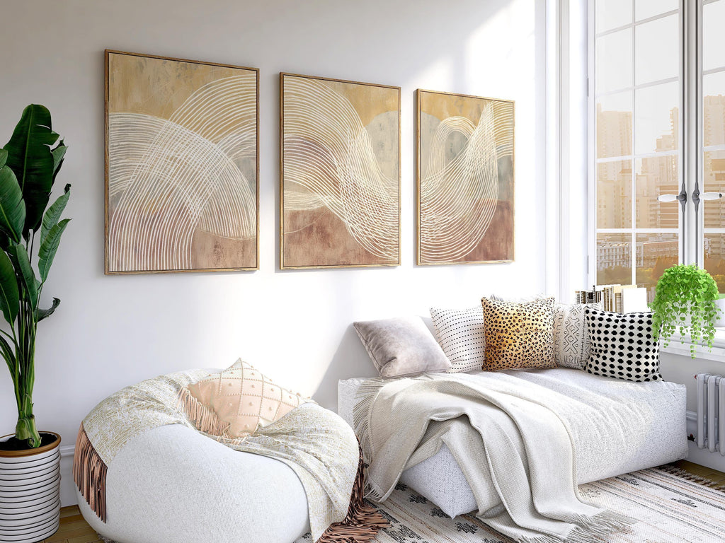 Beige terracotta abstract line wall art – minimalist triptych warm tones