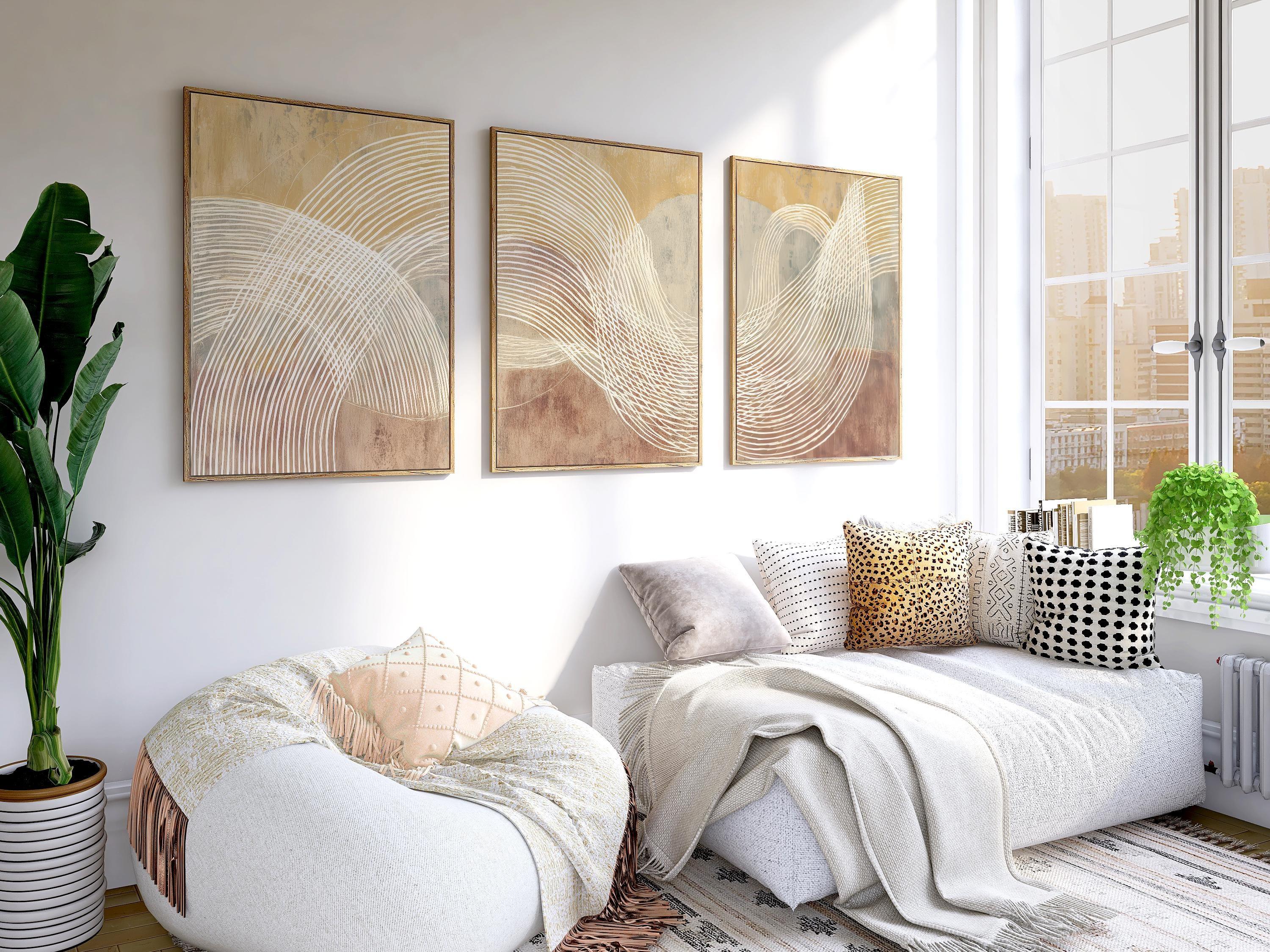 Beige terracotta abstract line wall art – minimalist triptych warm tones