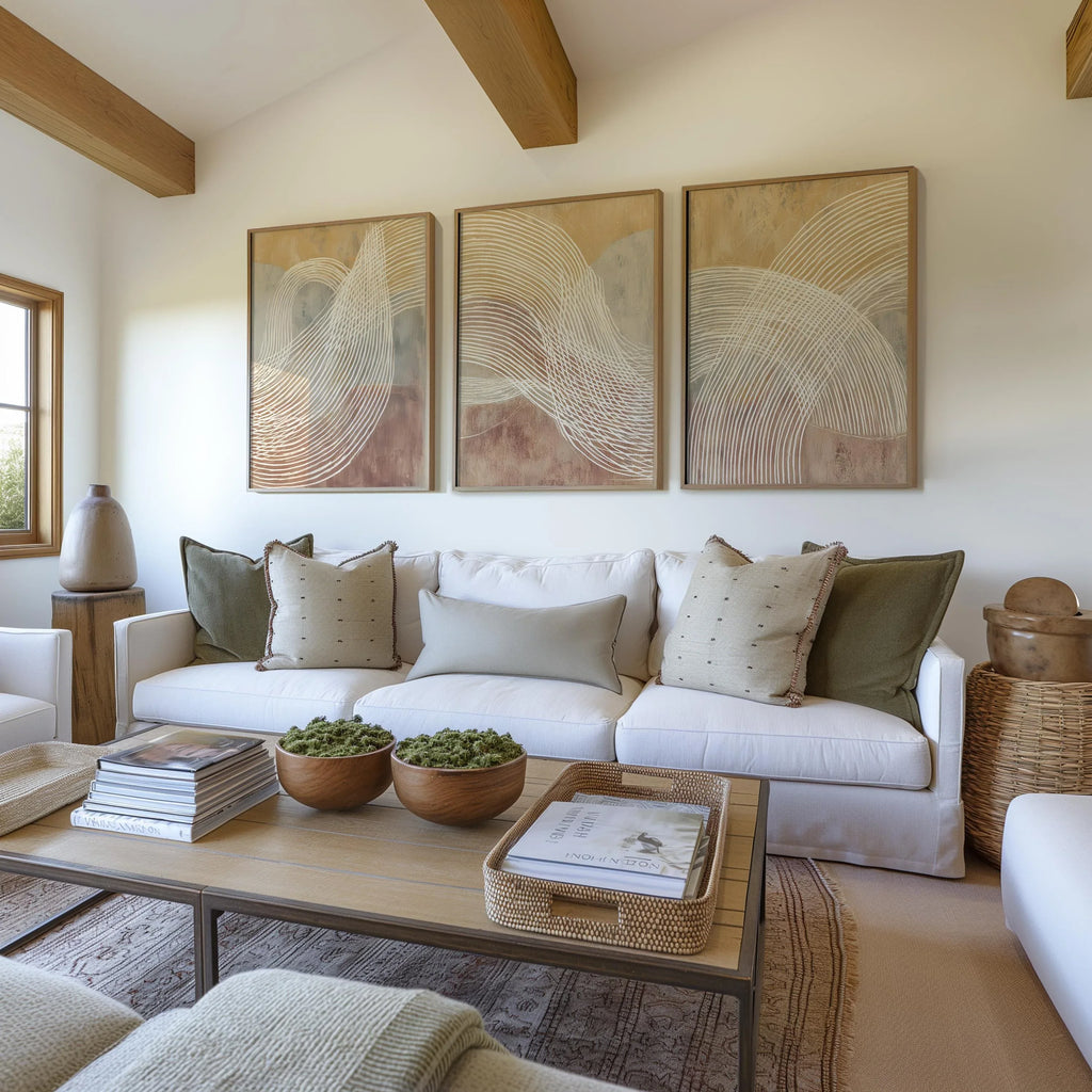 Beige terracotta abstract line wall art – minimalist triptych warm tones