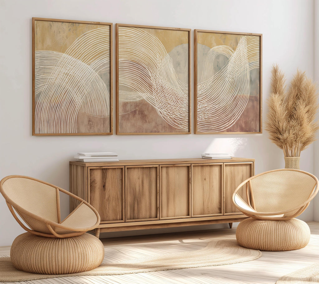 Beige terracotta abstract line wall art – minimalist triptych warm tones