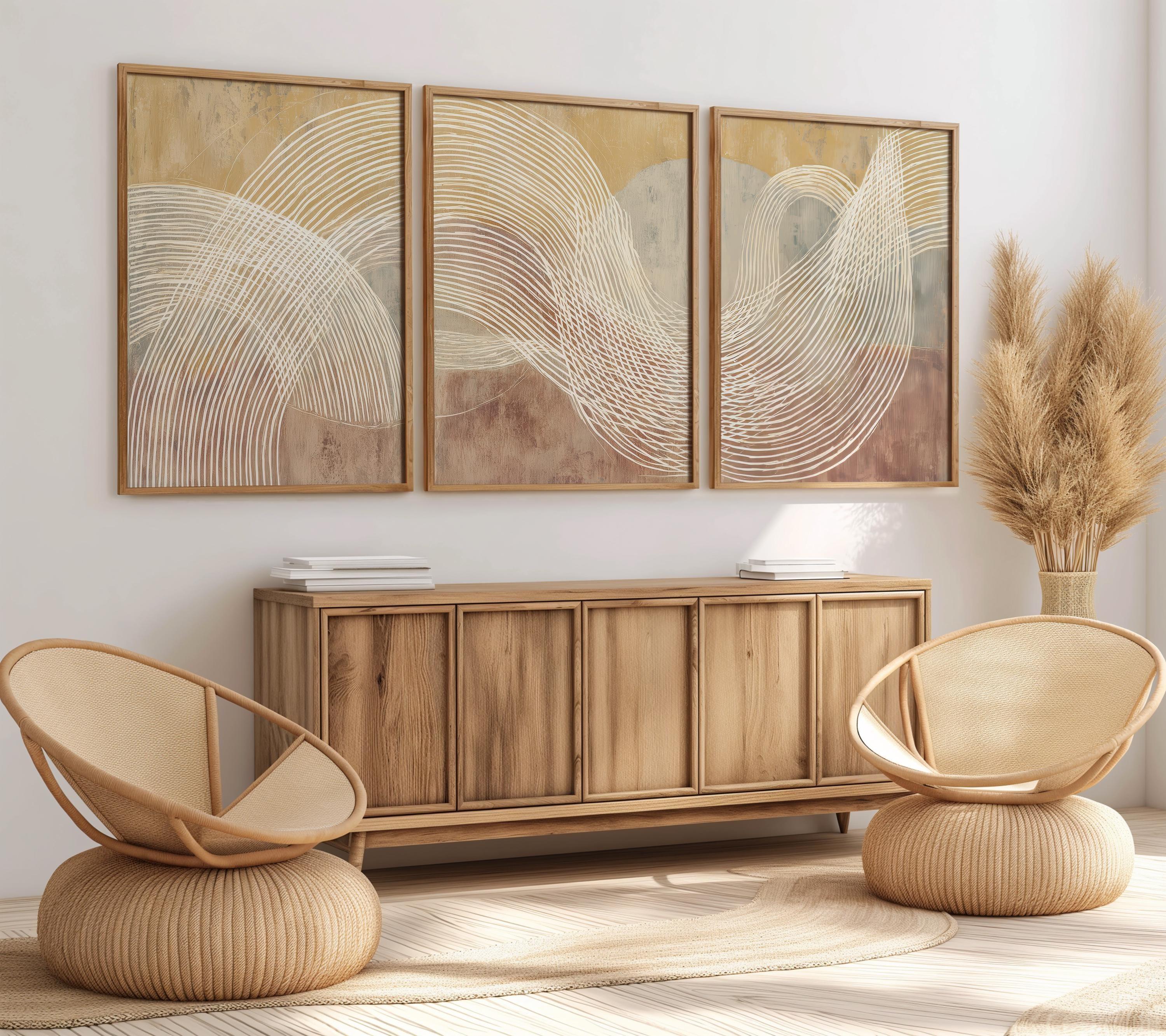 Beige terracotta abstract line wall art – minimalist triptych warm tones