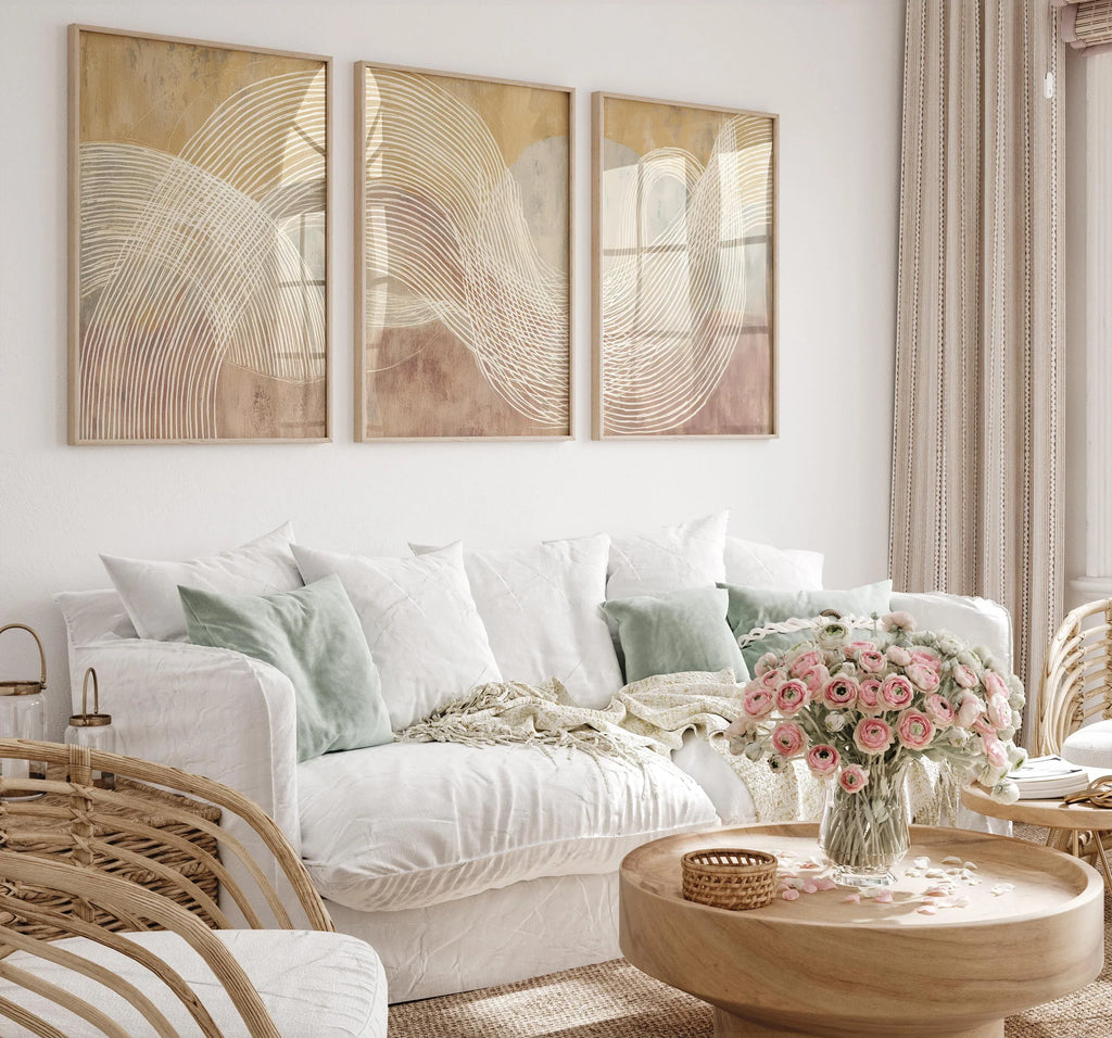 Beige terracotta abstract line wall art – minimalist triptych warm tones