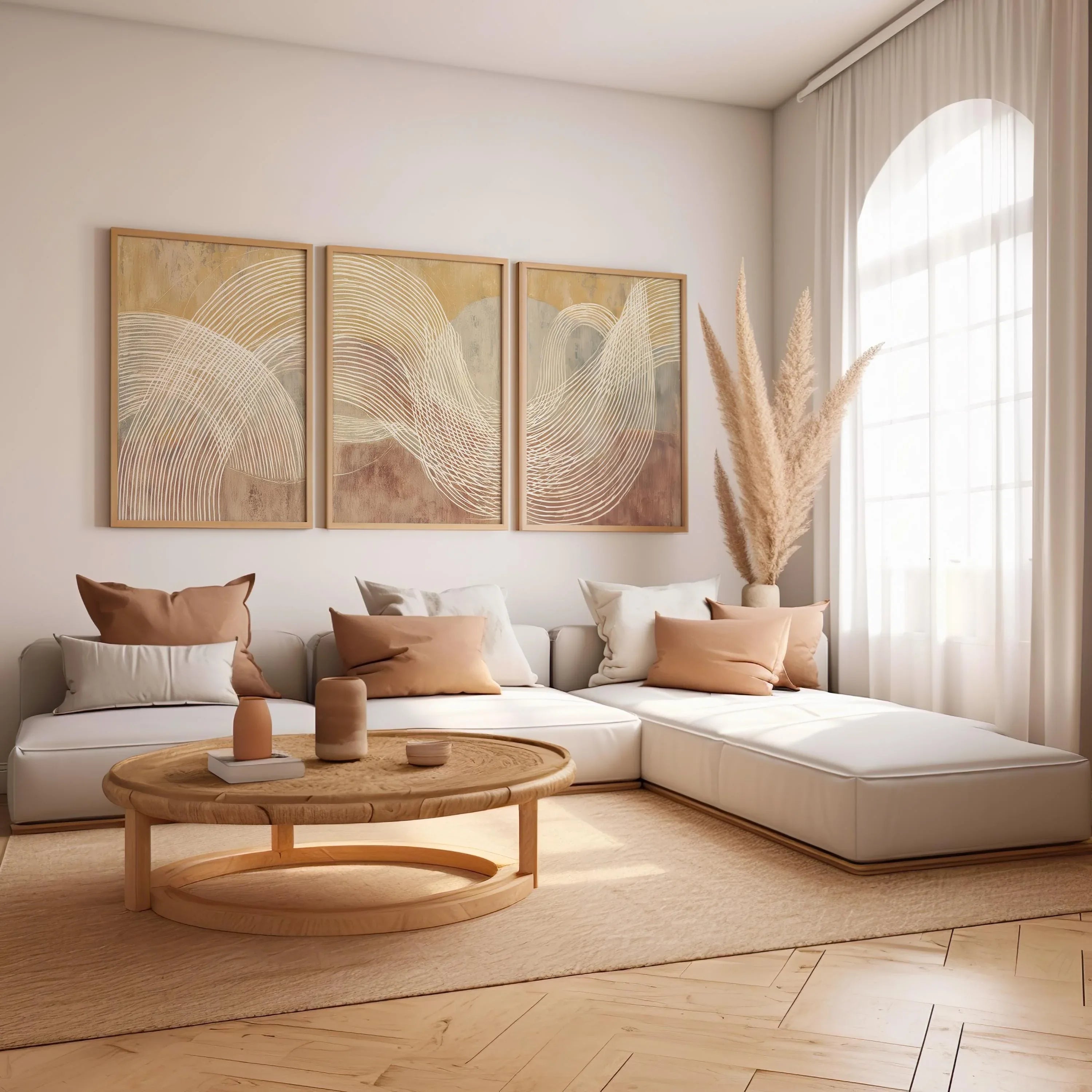 Beige terracotta abstract line wall art – minimalist triptych warm tones